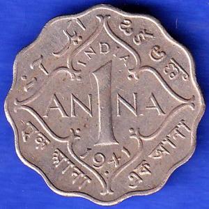 British India 1941 George VI Bombay Mint King One Anna Coin ANH3257