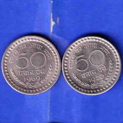 2 Coins Set:-Republic India 1969- 1970 bombay MINT 50 Paisa Coin ANH3307