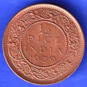 BRITISH INDIA 1939 GORGE VI KING 1/2 PICE BOMBAY MINT RARE COIN HSK211
