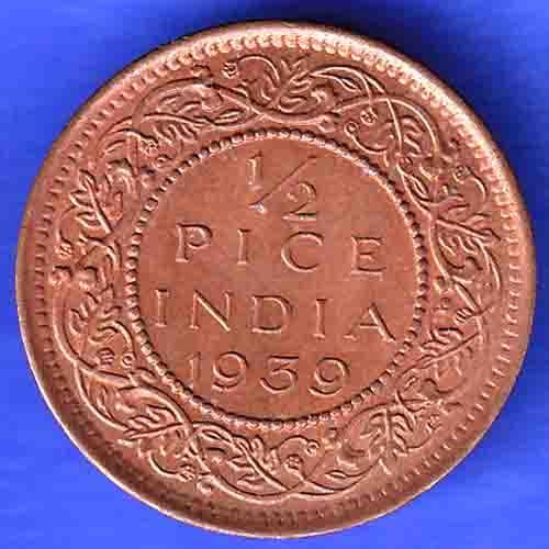 BRITISH INDIA 1939 GORGE VI KING 1/2 PICE BOMBAY MINT RARE COIN HSK211
