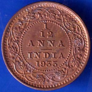 British India 1935 George V King 1/12 Anna Copper Coin ANH309
