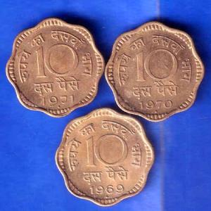 SET OF 3 : Republic India1969, 1970 AND 1971 Ten Paise BOMBAY MINT Coin ANH1936