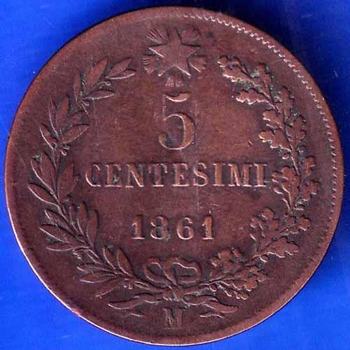 Vittorio Emanuele 1861 II RE D'italia 5 Centesimi  rare coin ANH1307