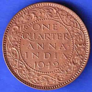 British India 1942 George VI King Emperor One Quarter Anna Copper Coin ANH3308