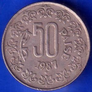 Republic India 1987 Hyderabad Mint 50 Paisa Coin ANH412