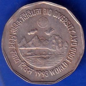 Republic India 1993 Bio Diversity World Food Day 2 Rupee Coin ANH892