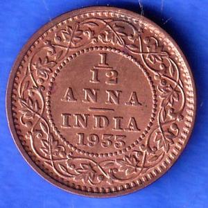 BRITISH INDIA 1933 1/12 ANNA GEORGE VI COPPER COIN SK969