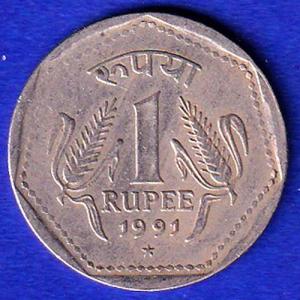 republic india 1991 hydrabad  mint one rupee coin:- SB124
