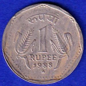 republic india 1988 hyderabad mint one rupee coin:-sb125