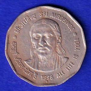 REPUBLIC INDIA 1998 SHRI AUROBINDO ALL LIFE IS YOGA 2 RUPEE "XTRA FINE"COIN :-SB134
