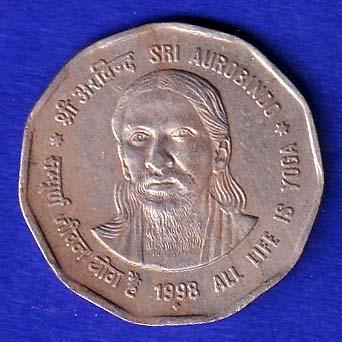 REPUBLIC INDIA 1998 SHRI AUROBINDO ALL LIFE IS YOGA 2 RUPEE "XTRA FINE"COIN :-SB134