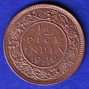 BRITISH INDIA 1939 GEORGRE VI KING 1/2 PICE COPPER COIN "UNC" COIN :-SB137