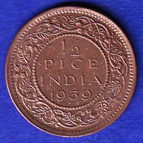 BRITISH INDIA 1939 GEORGRE VI KING 1/2 PICE COPPER COIN "UNC" COIN :-SB137