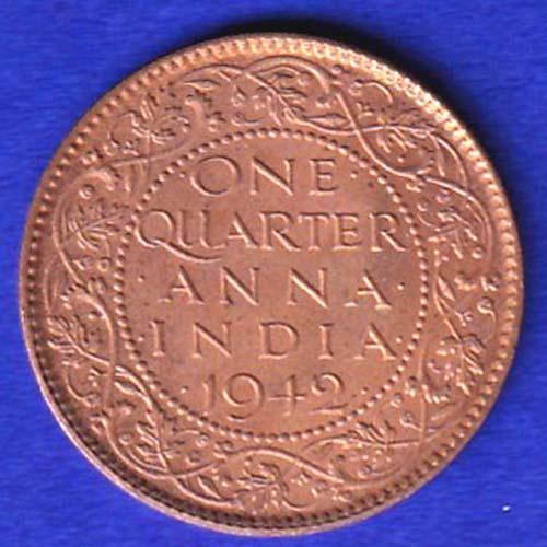 BRITISH INDIA 1942 GEORGE VI ONE QUARTER ANNA :- SB 20