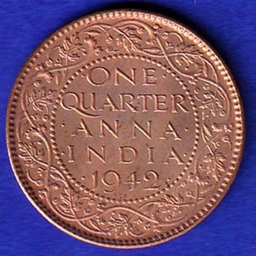 BRITISH INDIA 1942 GEORGE VI ONE QUARTER ANNA-SB38