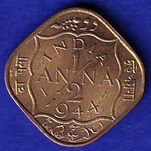 BRITISH INDIA 1944 GEORGE VI 1/2 ANNA COIN- SB43