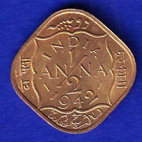 British India 1942 George VI King Half Anna Coin AUNC SB-74