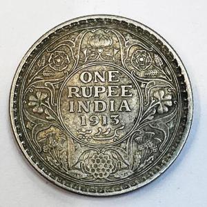 1 Re Britsh India 1913 Kolkata silver coin