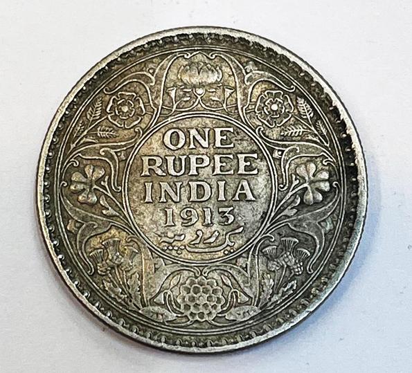 1 Re Britsh India 1913 Kolkata silver coin