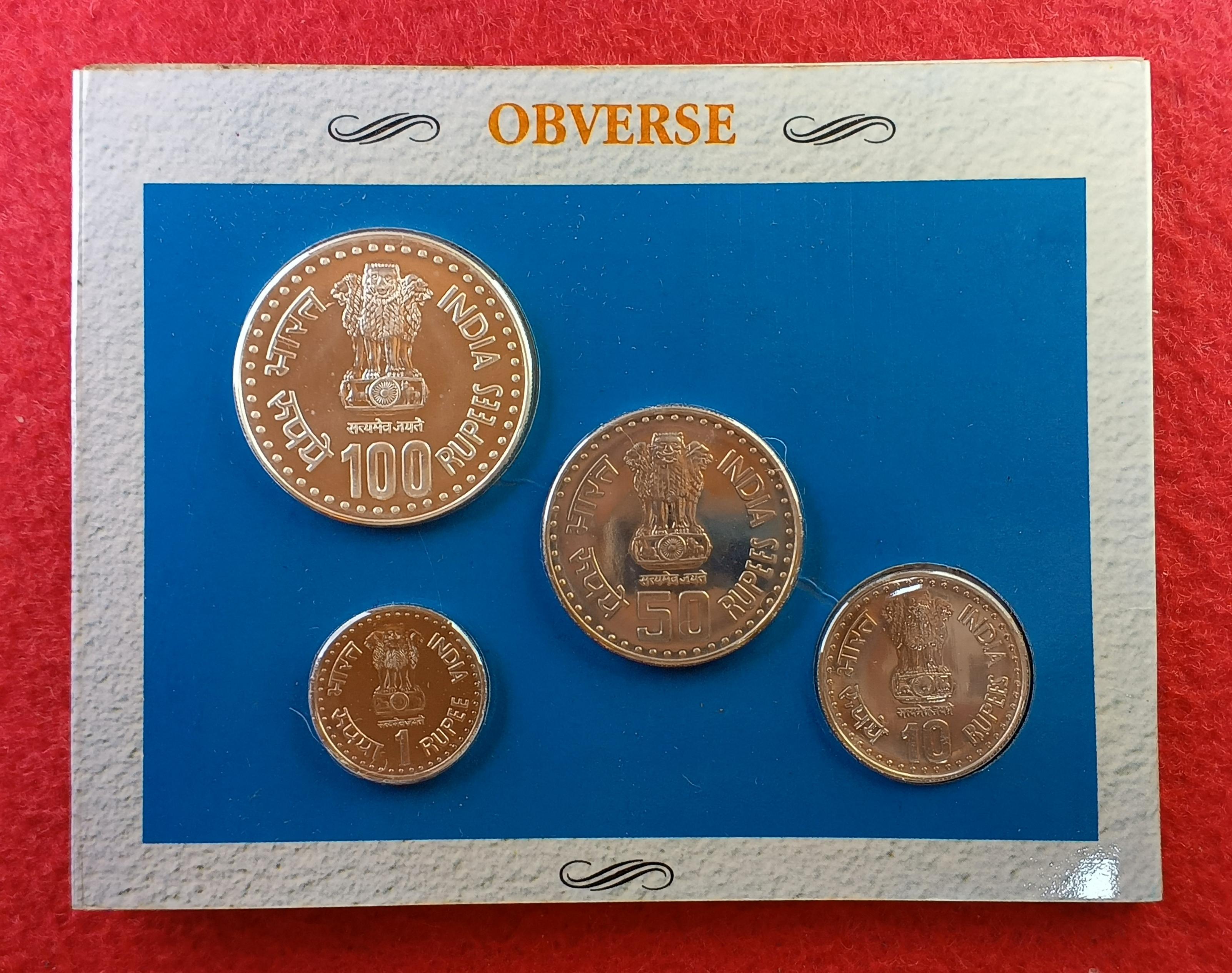 1993 - Quit India Movement Commemorative UNC 4 Coins Set (1 Re, 10 Rs, 50 Rs, 100 Rs)
