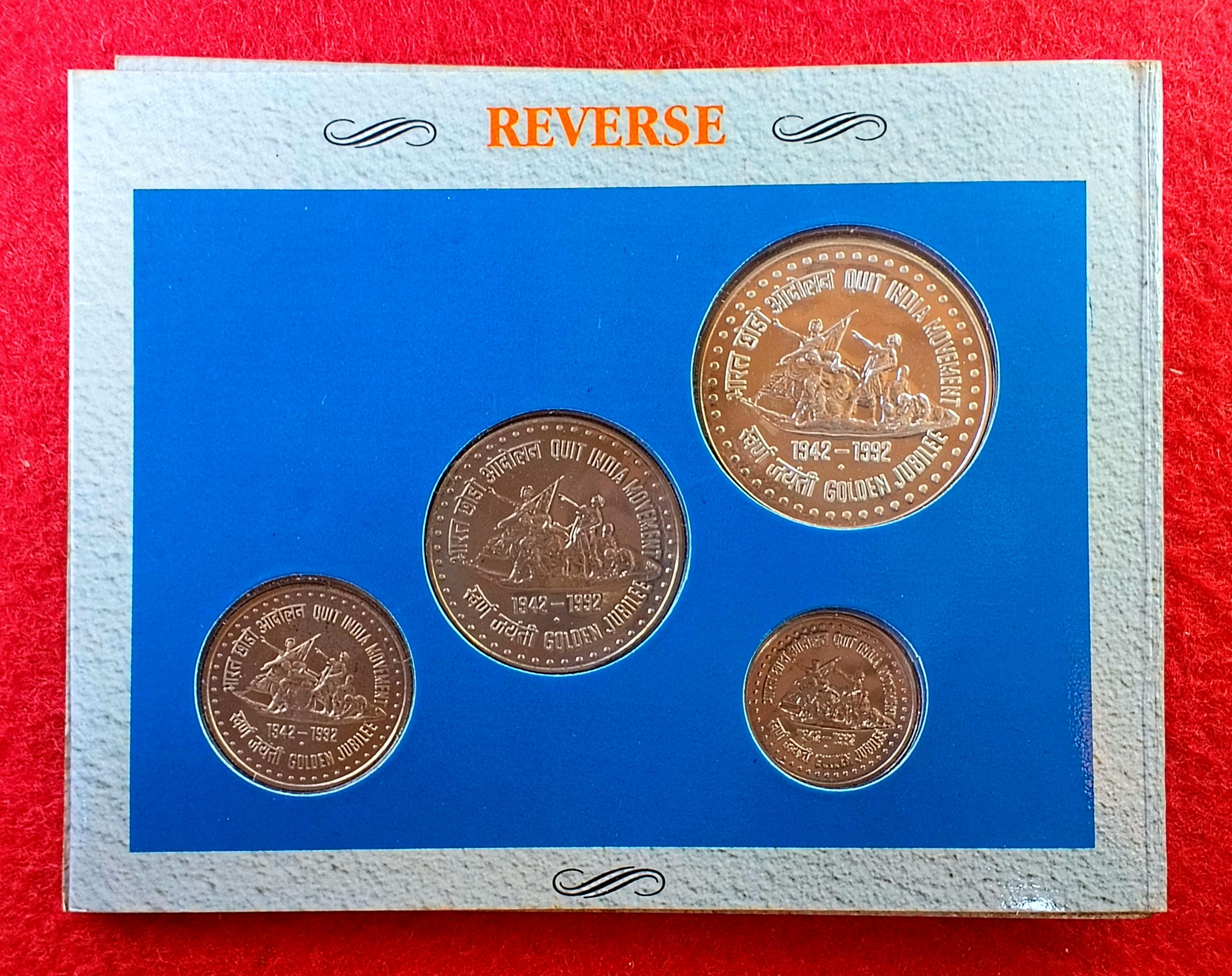 1993 - Quit India Movement Commemorative UNC 4 Coins Set (1 Re, 10 Rs, 50 Rs, 100 Rs)