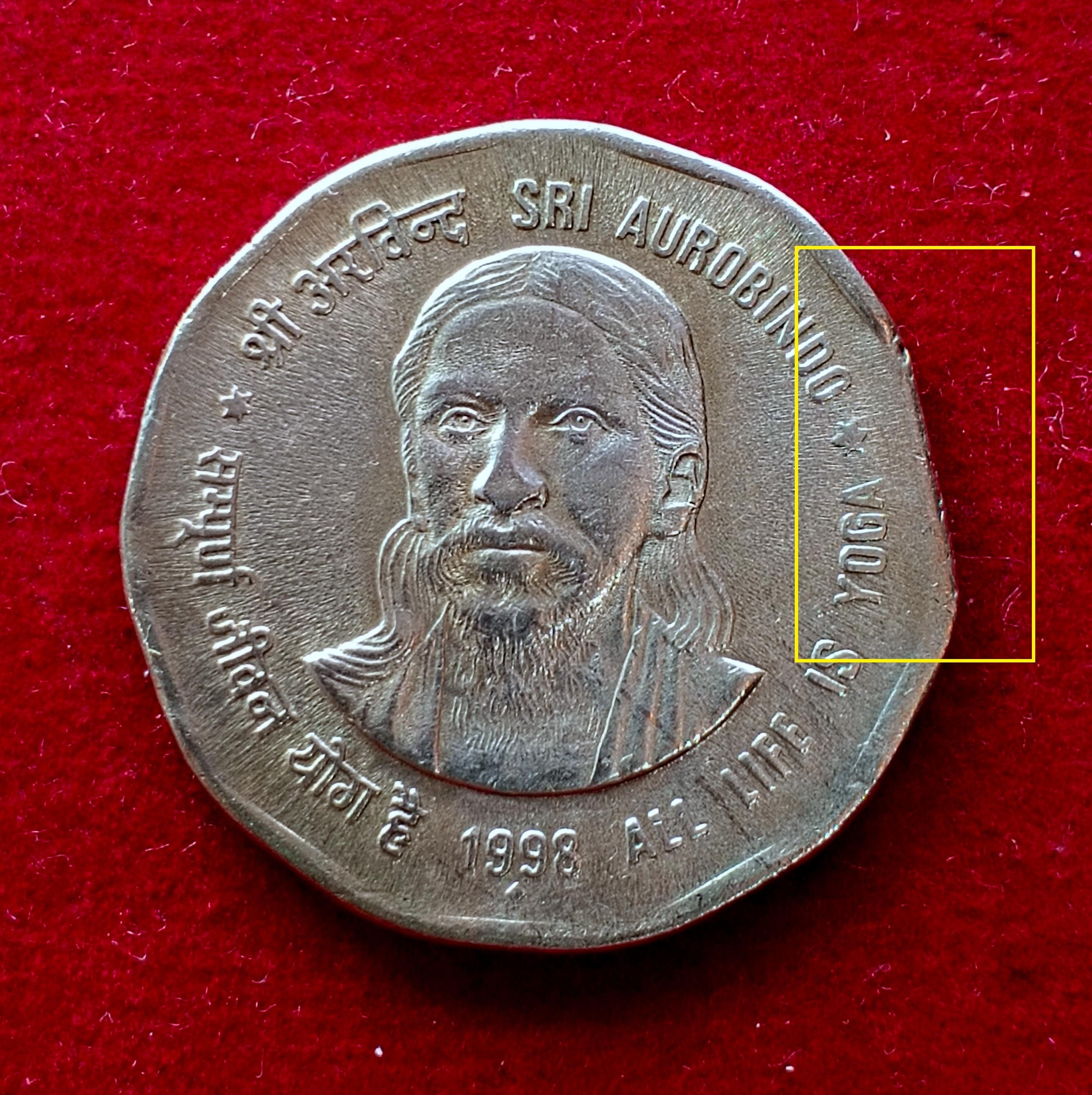 2 Rupees Sri Aurobindo 1998 Straight Clip Error Commemorative Coin