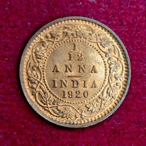 British India 1/12 Anna George V 1920 Coin