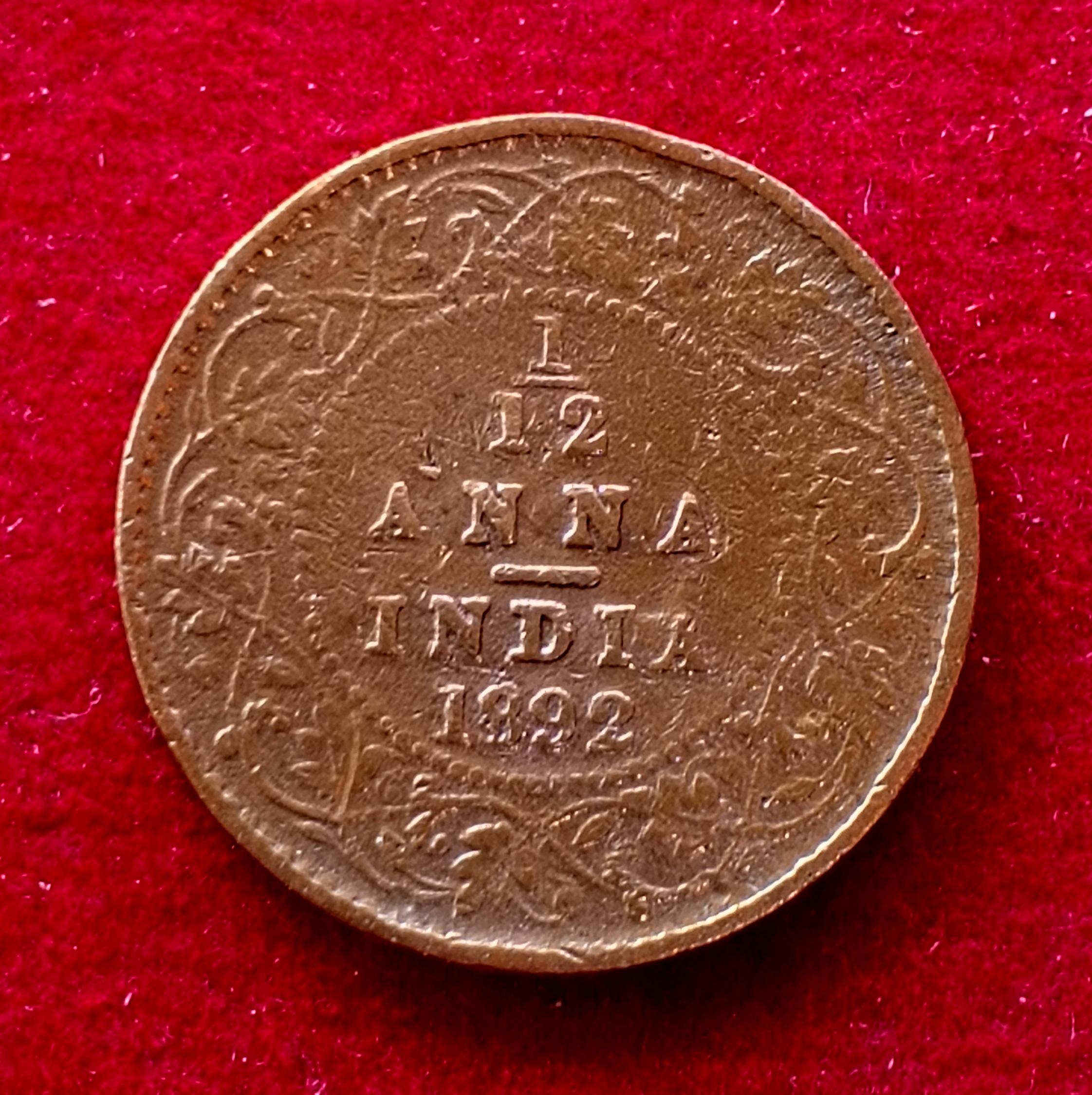 British India 1/12 Anna Victoria 1892 Coin