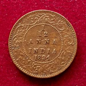 British India 1/12 Anna Victoria 1894 Coin