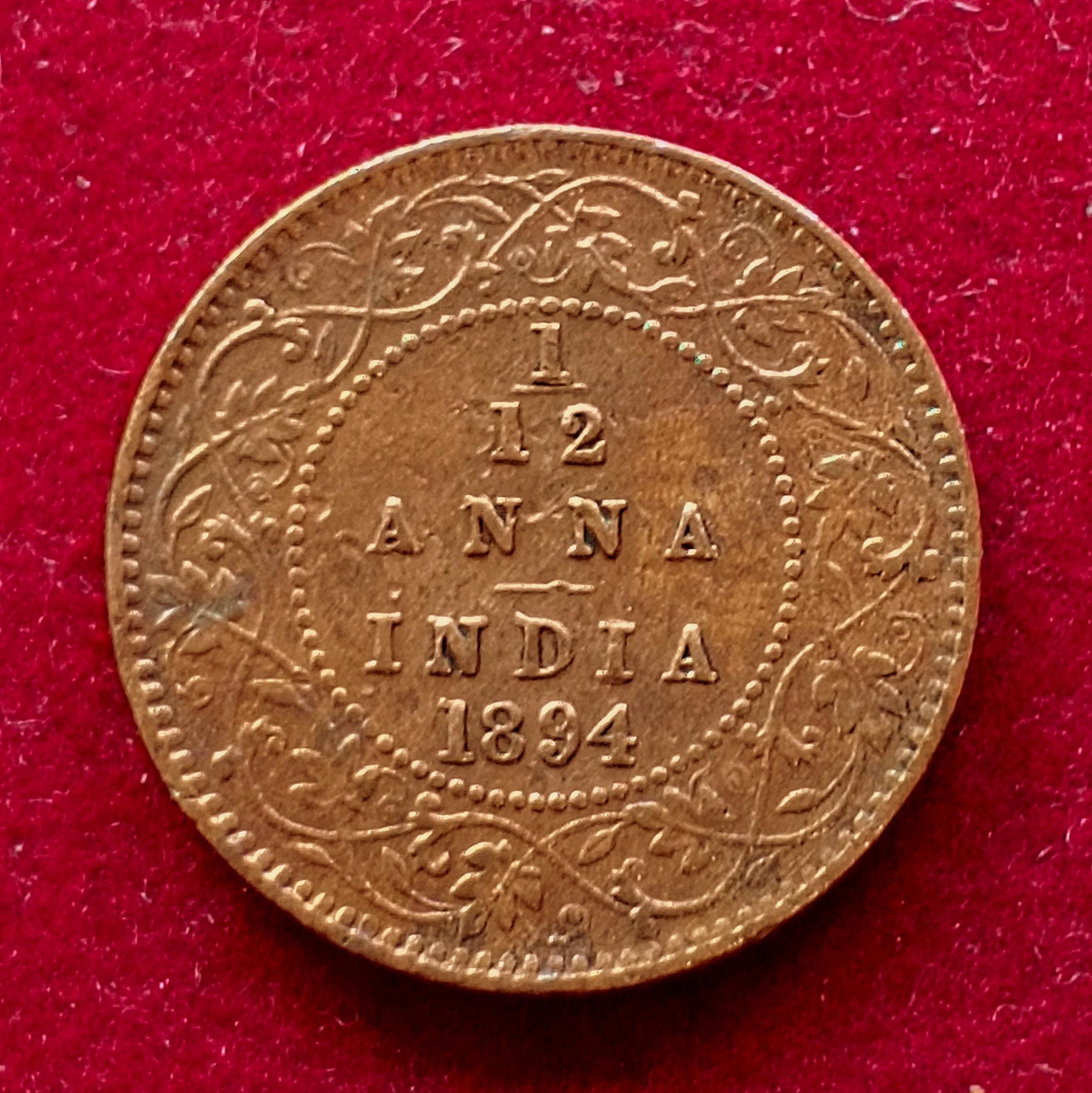 British India 1/12 Anna Victoria 1894 Coin
