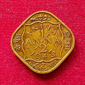 British India 1/2 Anna George VI 1943 Coin