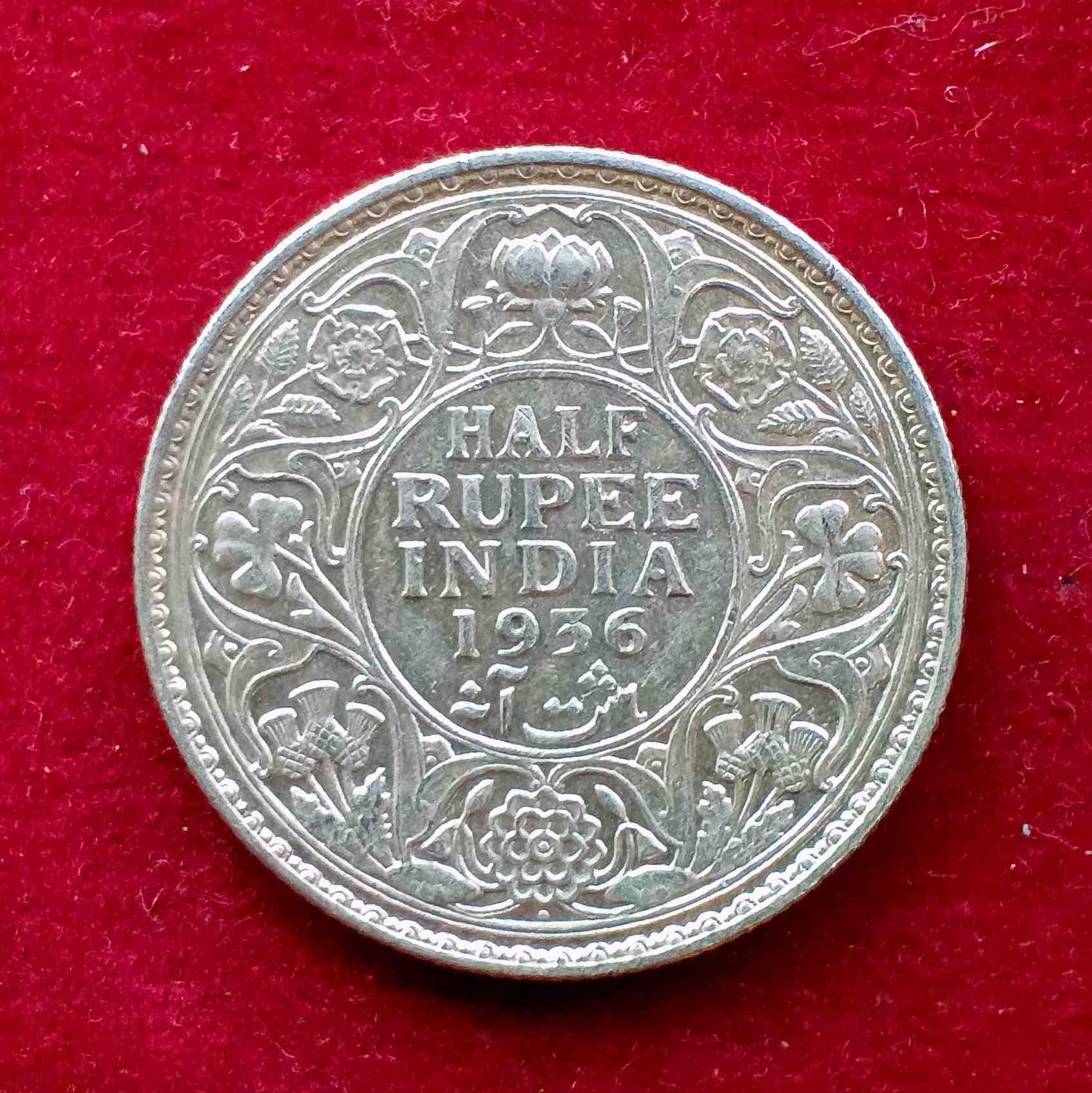 British India 1/2 Rupee - George V 1936 Silver Coin