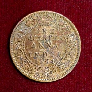 British India 1/4 Anna Victoria Queen 1894 Coin