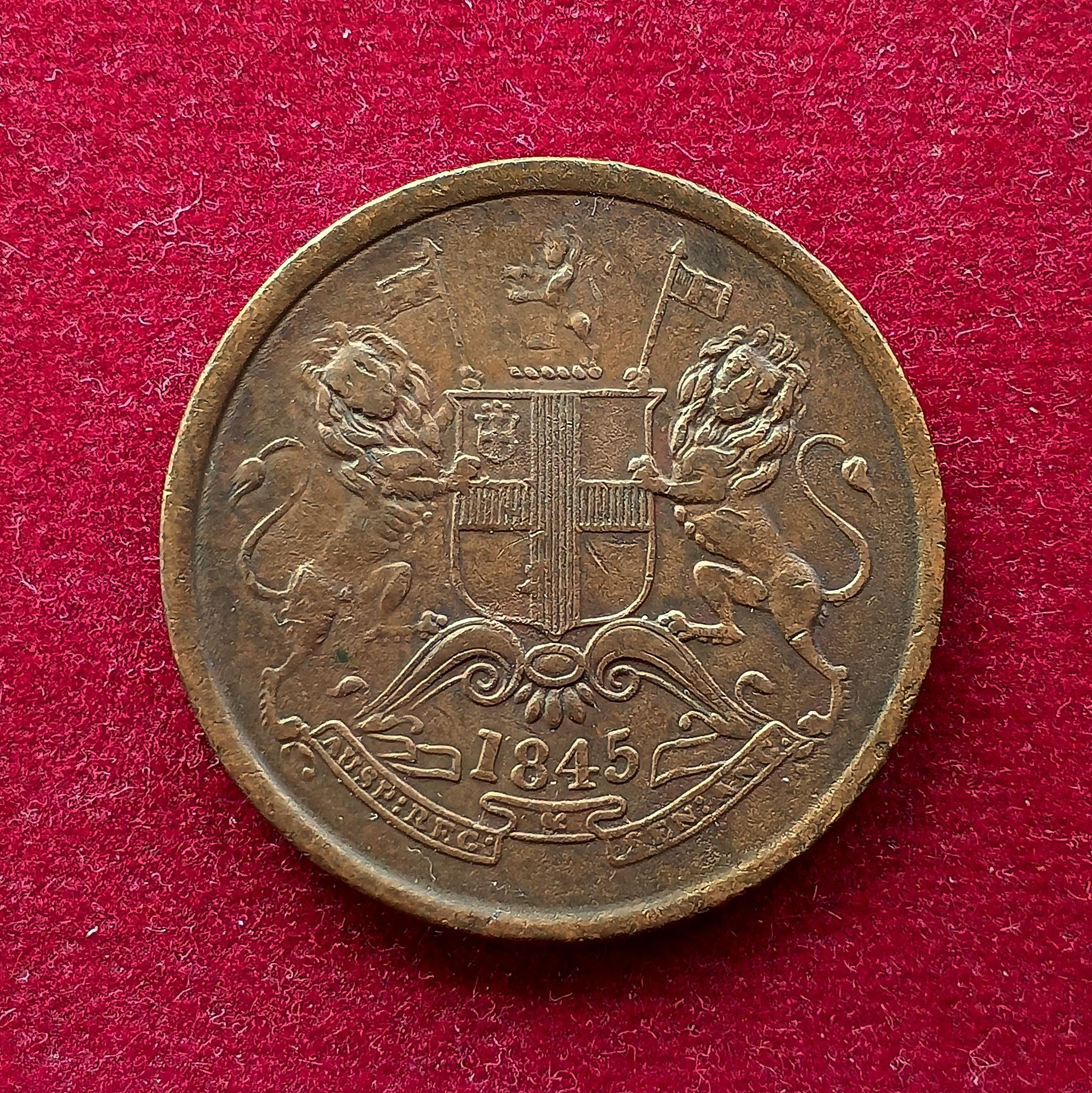 East India Company  (British India) 1/2 Anna King William IV & Queen Victoria 1845 RARE Coin