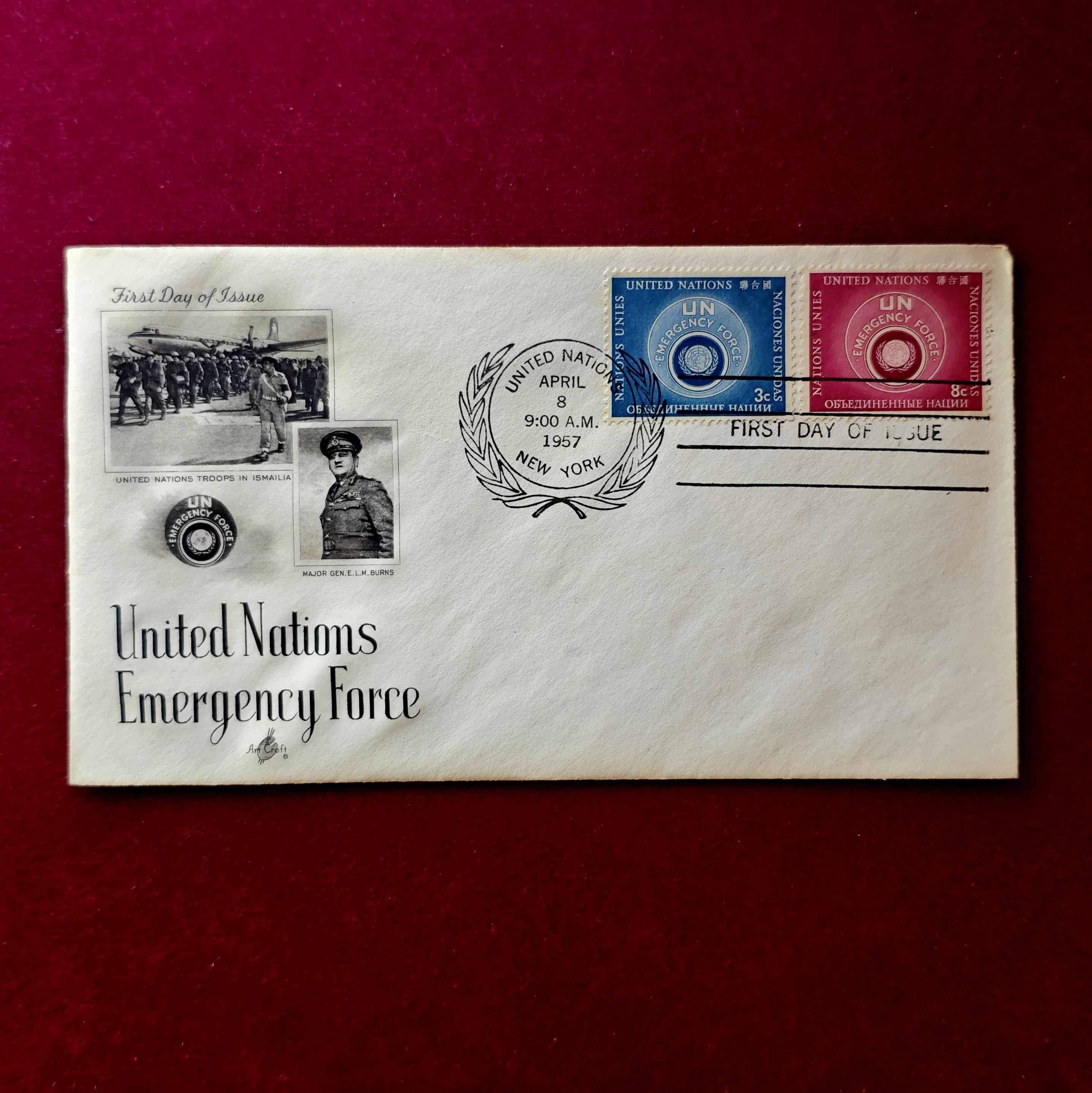 FDC :- 1957 Commemorating the United Nations Emergency Force - New York (2v Stamps - 3 Cent & 8 Cent)