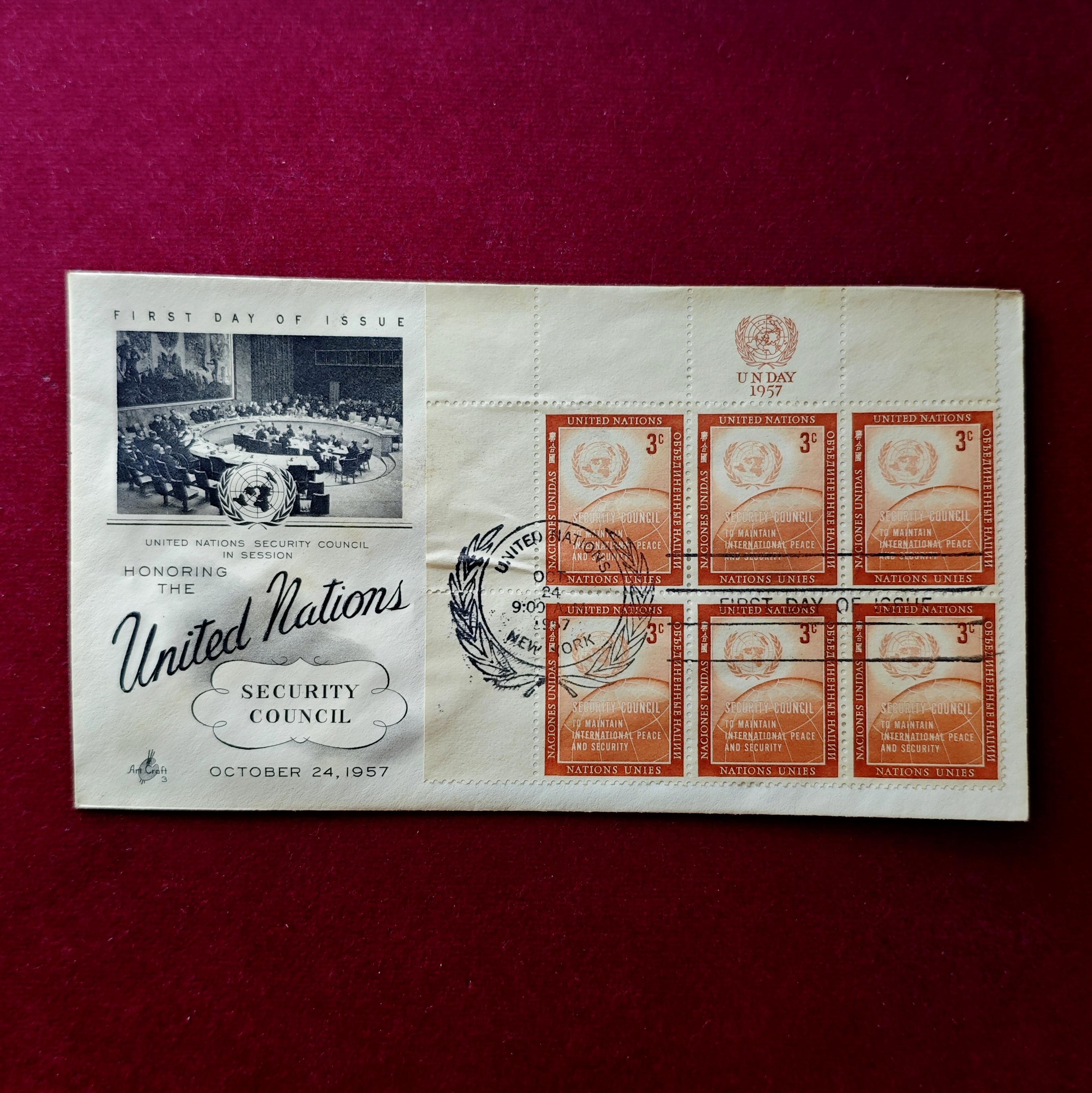 FDC : 1957 United Nations Security Council Commemorative FDC – 3¢ Orange Block of Six Stamps, UN Day Issue (New York)
