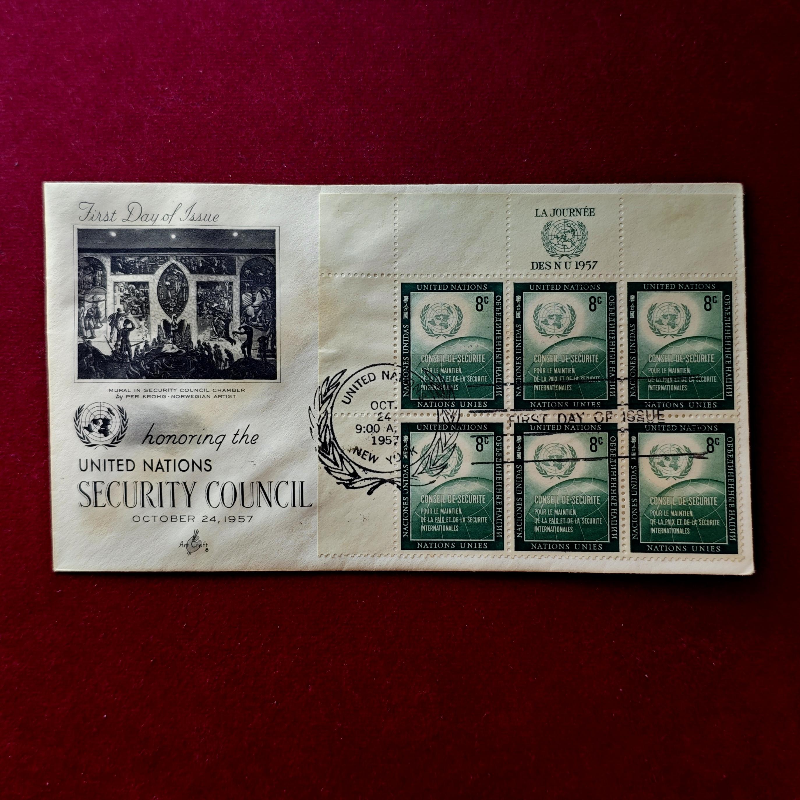 FDC :-1957 United Nations With 6V Stamps honoring the United Nations Security Council 8 Cents (New York)
