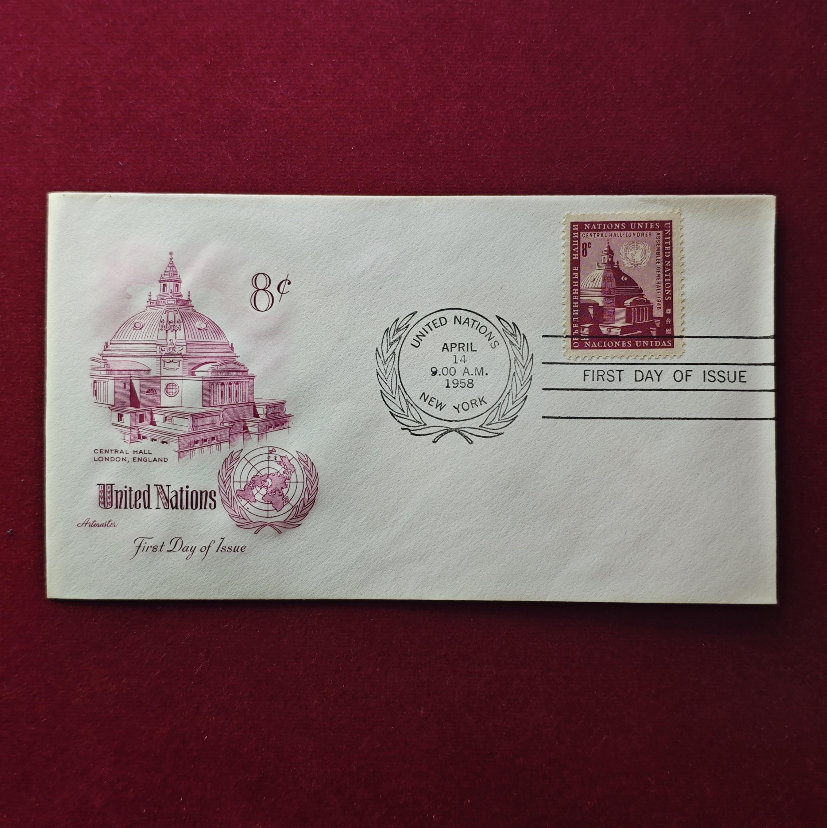 FDC :- 1958 United Nations Commemorating the Central Hall in London, England (1 Stamps - 8 Cents)