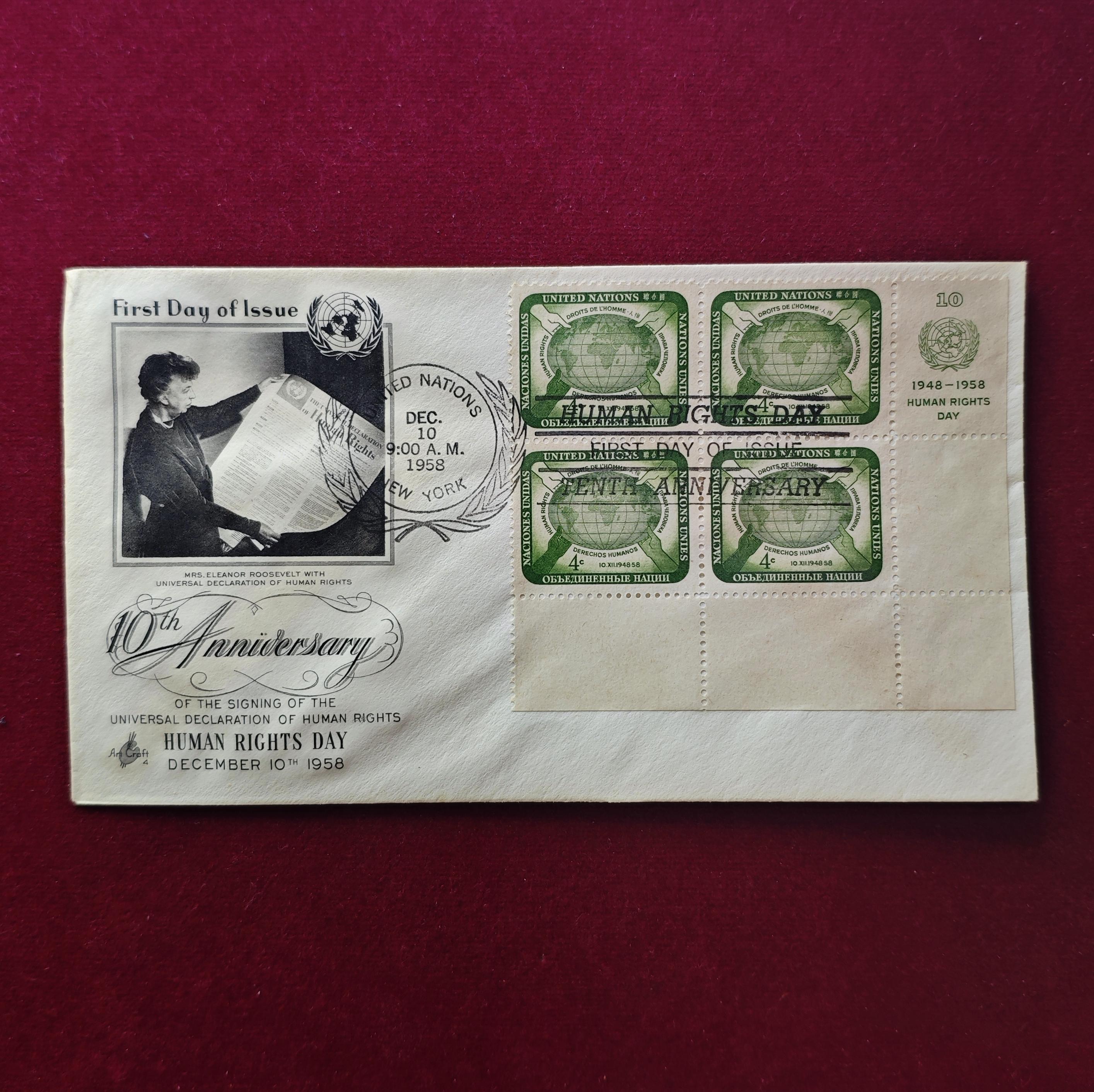 FDC :- 1958 United Nations commemorating the 10th Anniversary of Human Rights Day (4 Stamps - 4 Cents)