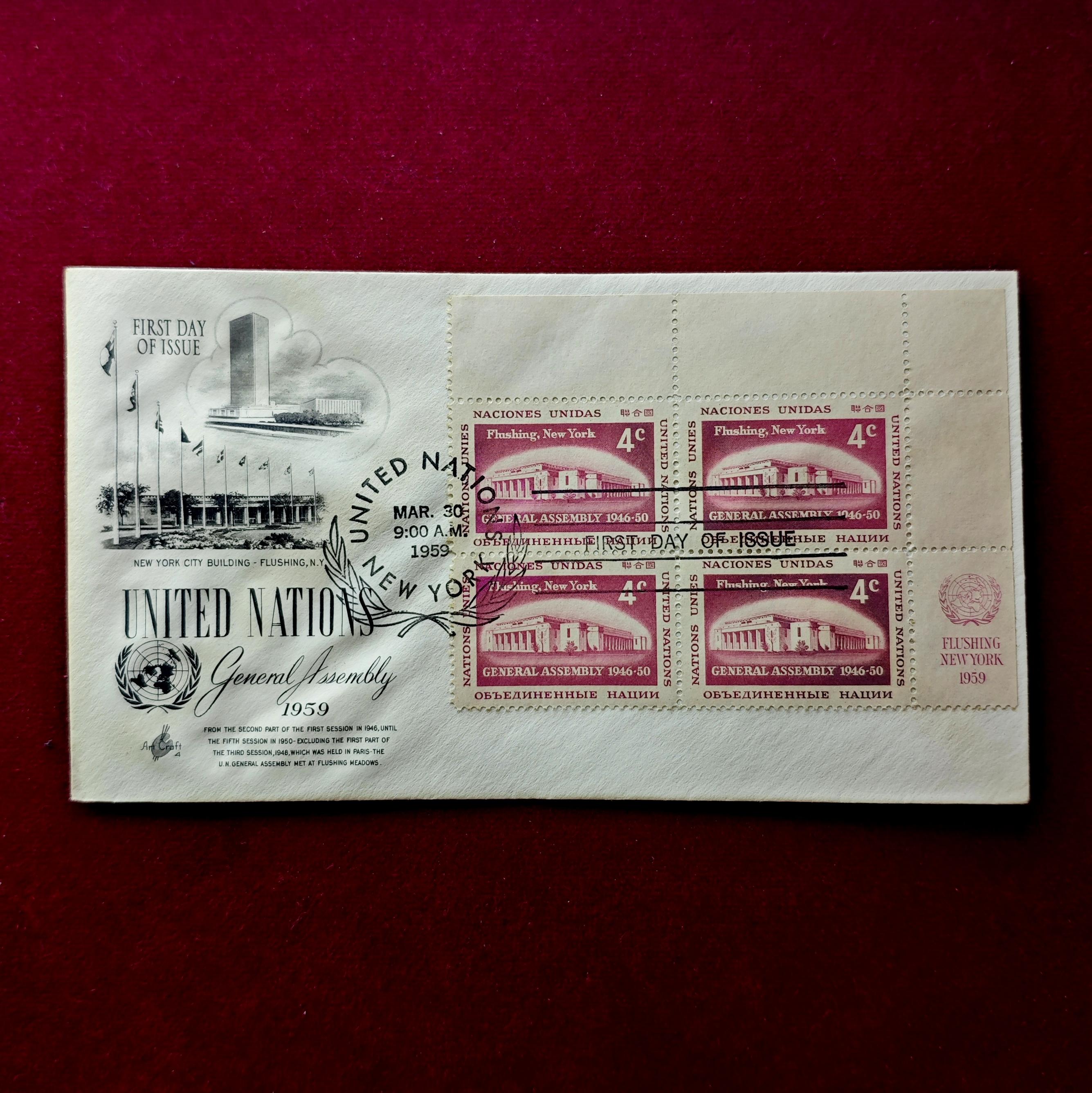 FDC :- 1959 United Nations commemorating the General Assembly (4 Stamps - 4 Cents)
