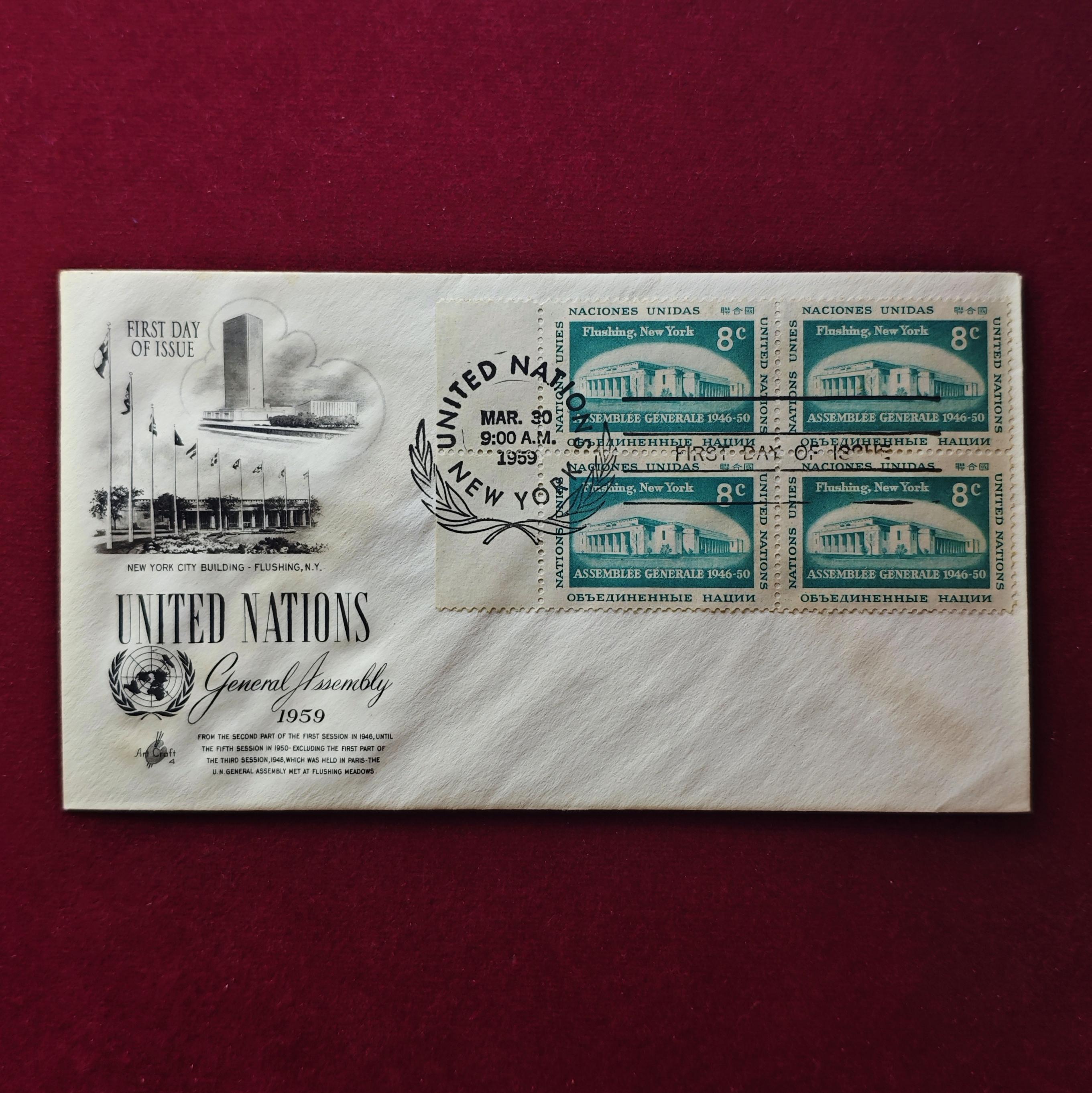 FDC :- 1959 United Nations commemorating the General Assembly (4 Stamps - 8 Cents)