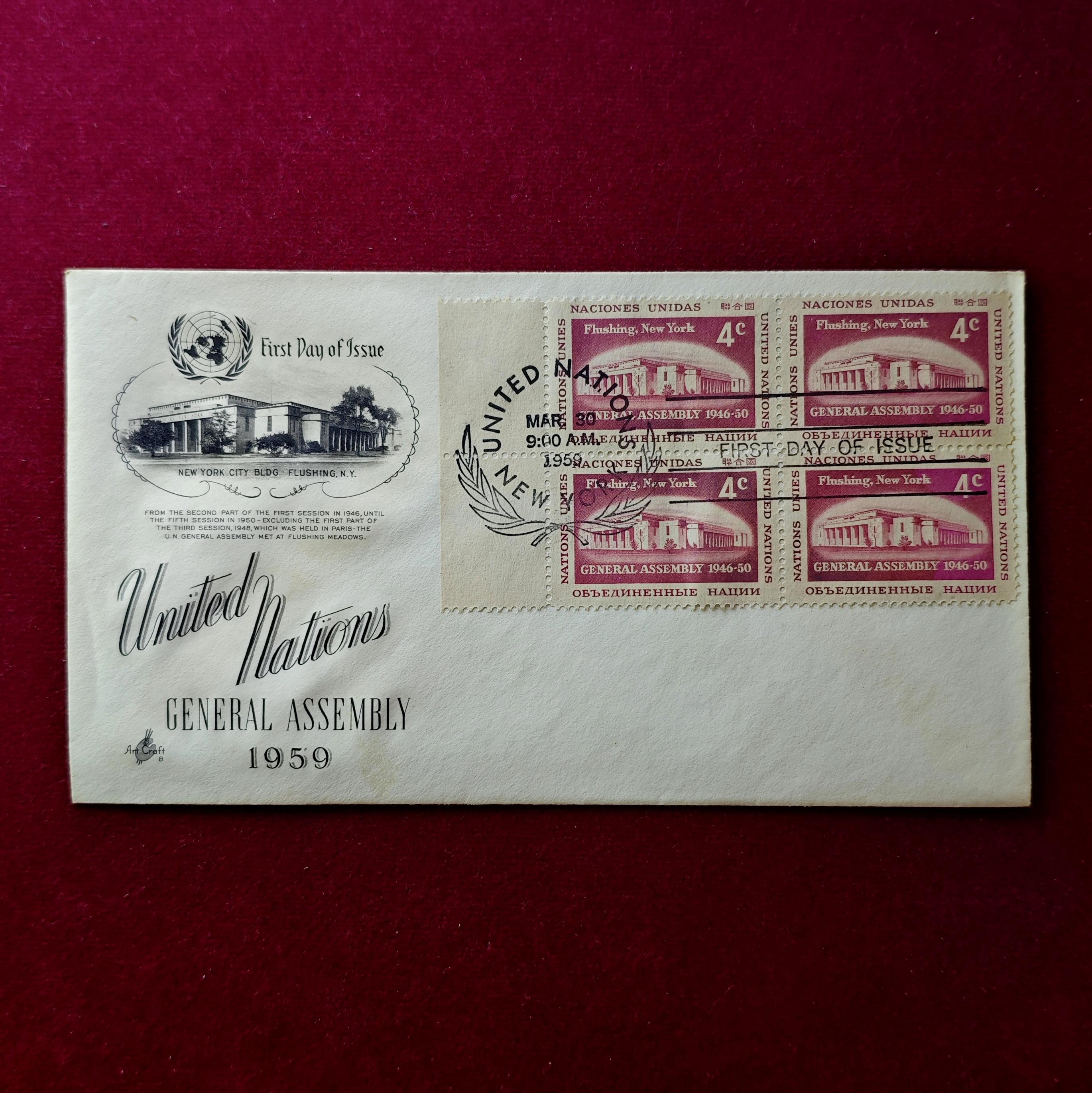 FDC :- 1959 United Nations With 4v Stamps commemorating the United Nations General Assembly 1946-50 (New York)