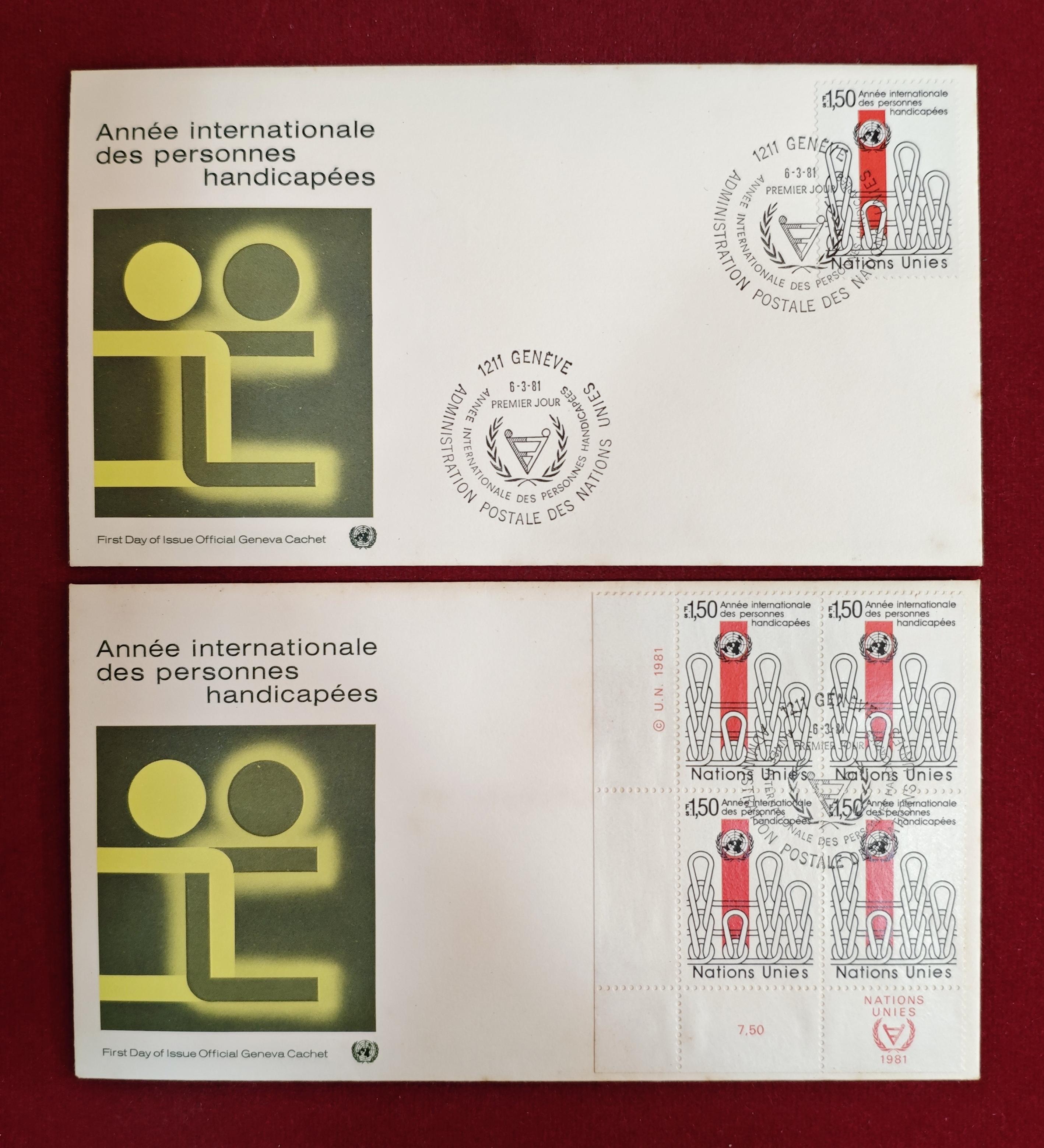 FDC :- Set Of 2 United Nations 1981 “International Year of Disabled Persons” First Day Covers – Geneva Issue – Featuring 1.50 Fr Stamps and Block of Four