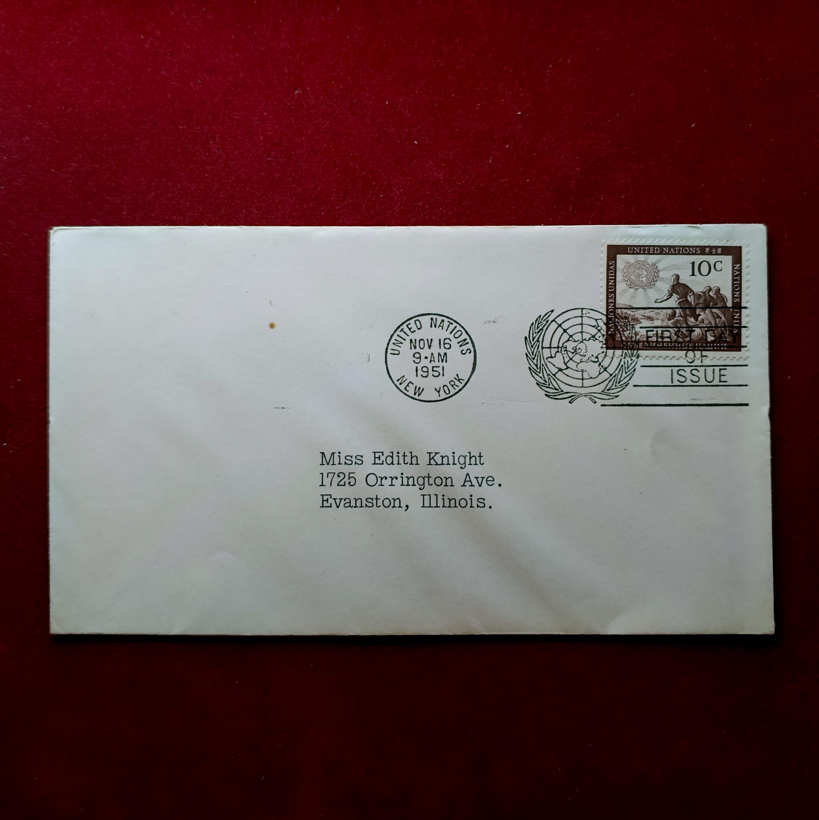 FDC :- United Nations 1951  — 10¢ “Economic and Social Council” Stamp, New York Cancellation