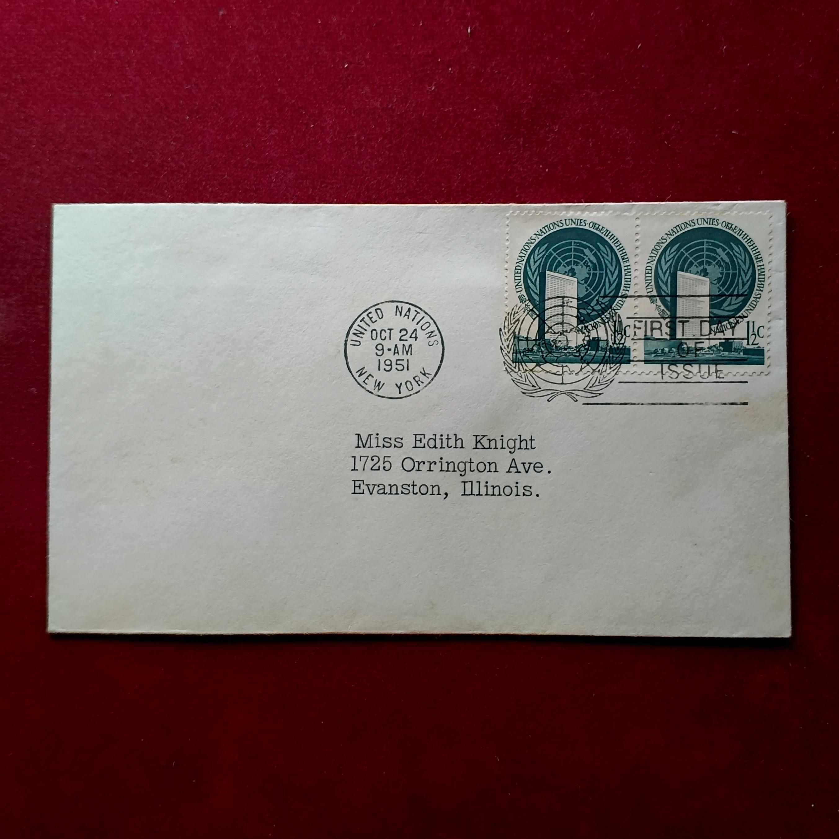 FDC :- United Nations 1951 - 1½¢ “United Nations Headquarters” Stamp Pair, New York Cancellation