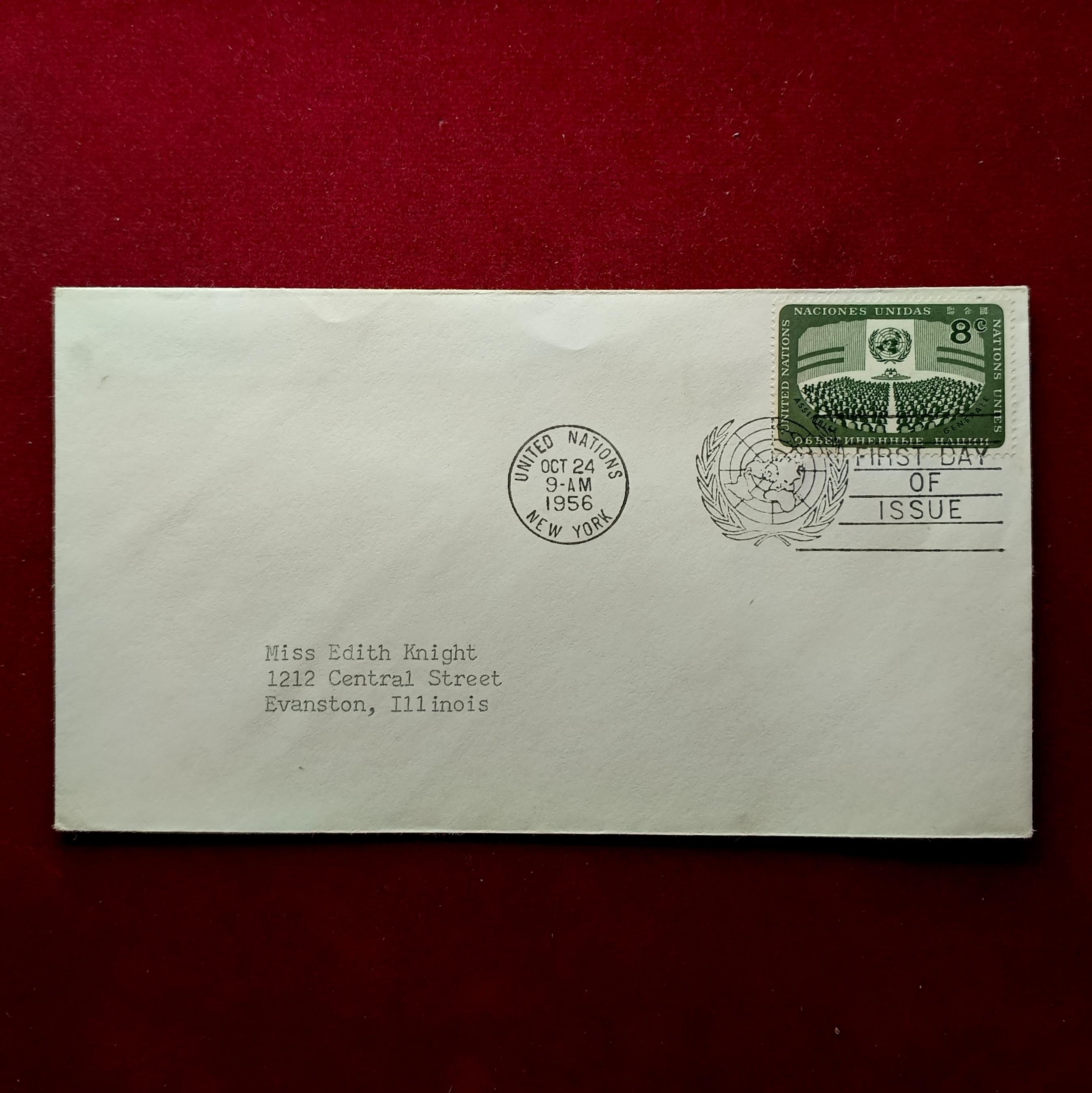 FDC :- United Nations 1956 “General Assembly — United Nations Headquarters” 8¢ — New York, October 24, 1956