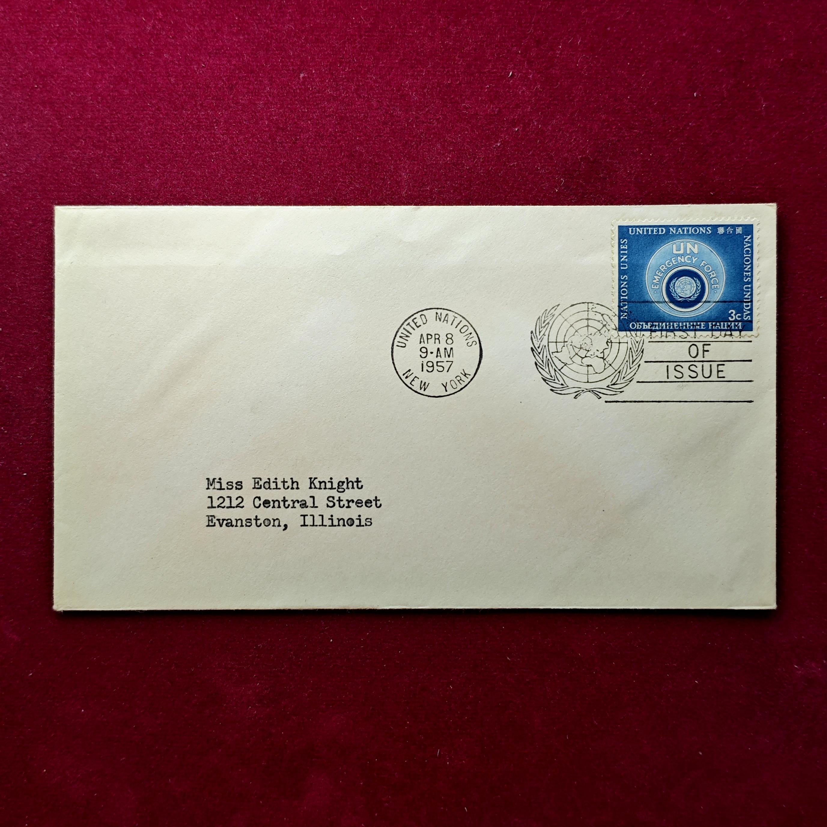 FDC :- United Nations 1957 “UN Emergency Force (UNEF)” 3¢ New York, April 8, 1957