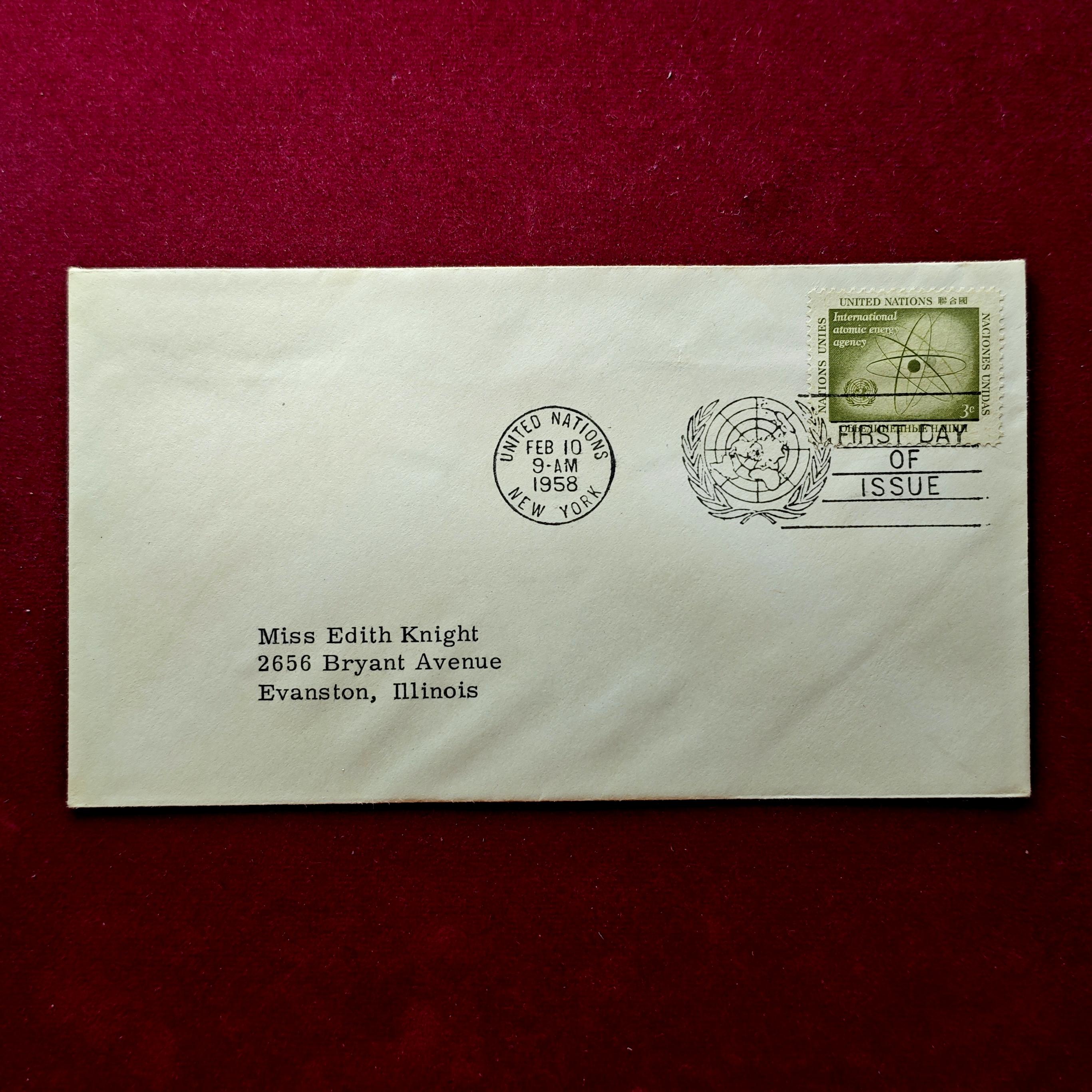 FDC :- United Nations 1958 “International Atomic Energy Agency (IAEA)” 3¢ — New York, February 10, 1958