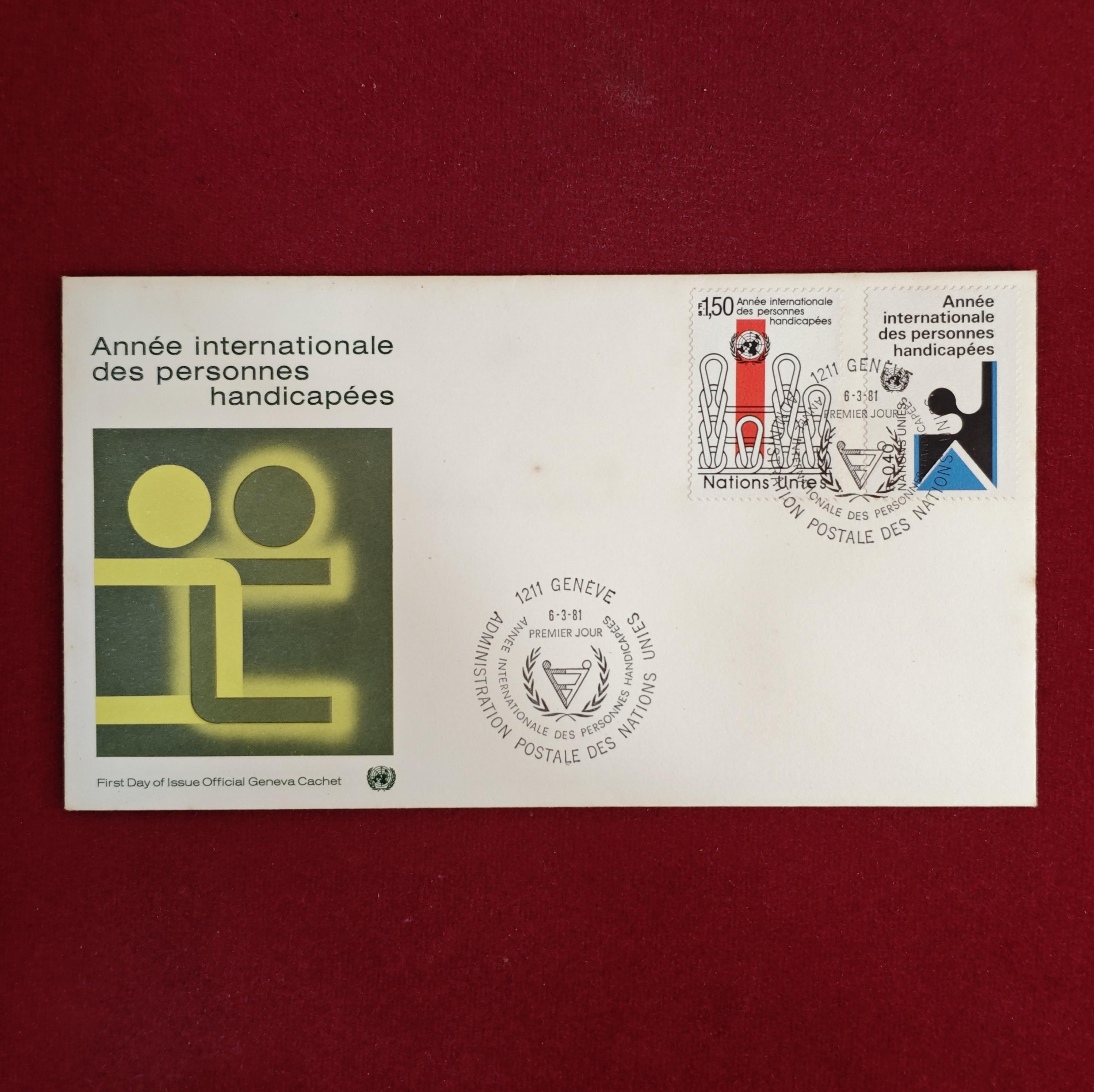 FDC :- United Nations 1981 “International Year of Disabled Persons” First Day Cover – Geneva Issue – Featuring 1.50 Fr and 0.40 Fr Stamps