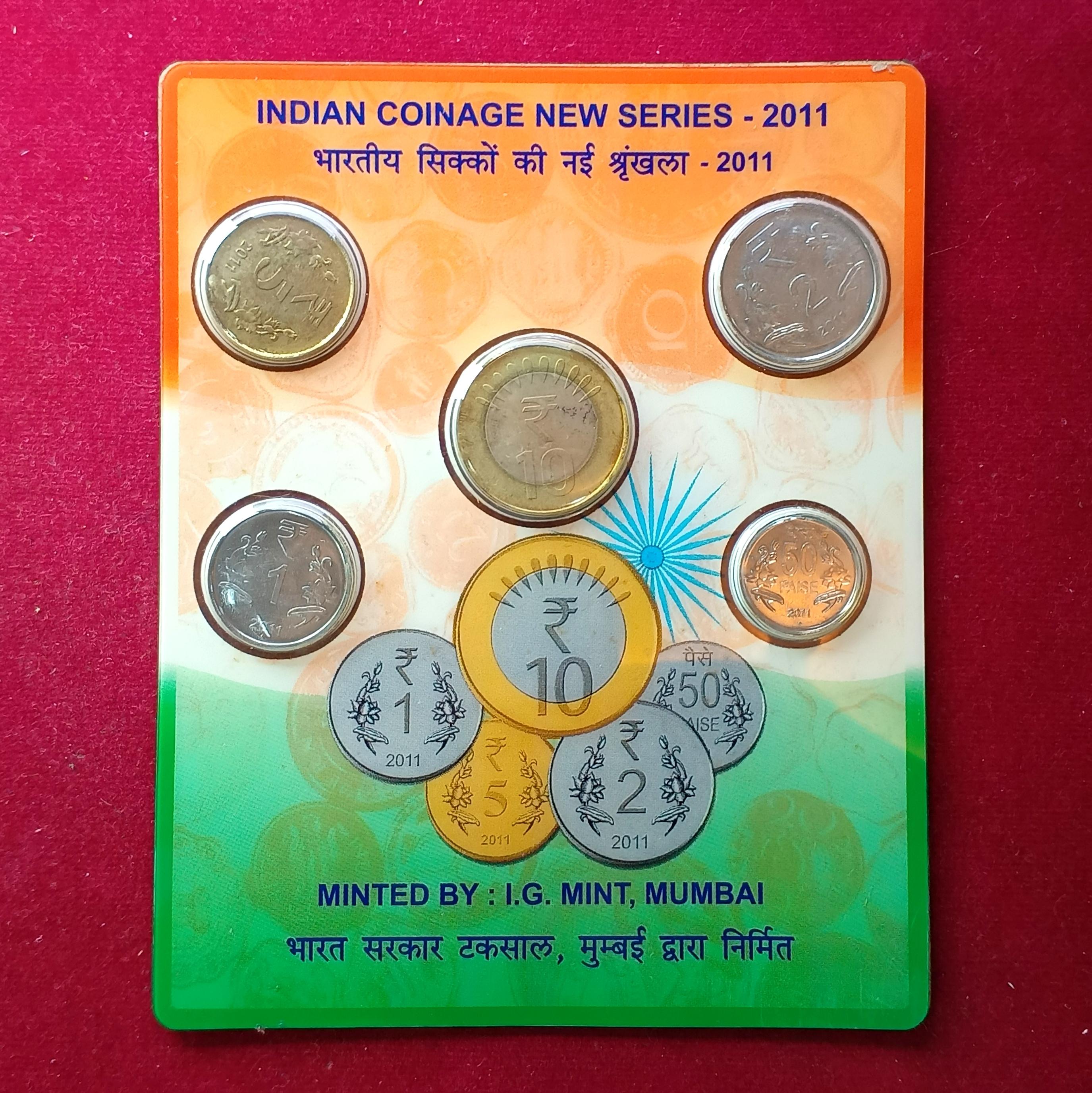Indian Coinage New Series 2011 Small Pack of 5 Coins Set (Rs.10, Rs.5, Rs.2, Re.1, Paise 50)